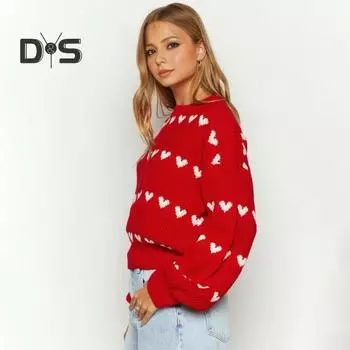 Женский свитер с круглым вырезом и длинным рукавом, узором в виде сердца, вязаный топ, свободный крой, ребристая отделка, эластичный пуловер, свитер на каждый день XL красный