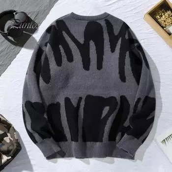 Женский свитер с круглым вырезом и длинным рукавом, контрастный цвет, вязаный топ, свободный крой, напечатанный эластичный трикотаж, повседневная одежда S чёрный/белый