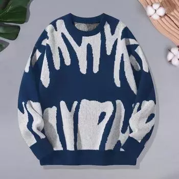 Женский свитер с круглым вырезом и длинным рукавом, контрастный цвет, вязаные топы, свободный крой S чёрный/белый