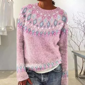 Женский свитер с круглым вырезом и длинным рукавом с 3D-цифровым принтом, трикотажные топы свободного кроя, повседневная трикотажная одежда для работы и вечеринок XL розовый