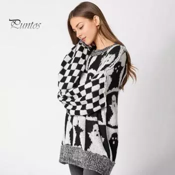 Женский свитер с круглым вырезом и длинным рукавом, эластичный трикотажный топ, свободный крой, узор в клетку, пуловер, топы, трикотаж S чёрный