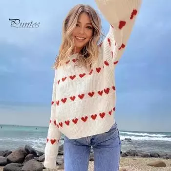 Женский свитер с круглым вырезом и длинным рукавом, узором в виде сердца, вязаный топ, свободный крой, ребристая отделка, эластичный пуловер, свитер на каждый день XL бежевый