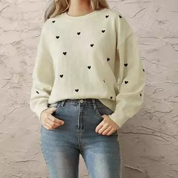Женский свитер с круглым вырезом и длинным рукавом, эластичный трикотажный топ с узором в виде сердца, свободный крой, H-образный пуловер, топы, трикотаж S абрикосовый