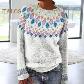 Женский свитер с круглым вырезом и длинным рукавом с 3D-цифровым принтом, трикотажные топы свободного кроя, повседневная трикотажная одежда для работы и вечеринок XL белый