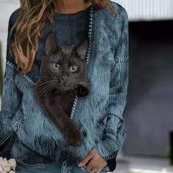 Женский свитер с круглым вырезом и длинным рукавом, на молнии, с принтом кошек, свободная блузка, топ XL хаки