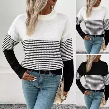 Женский свитер с круглым вырезом и длинным рукавом, контрастный цвет, вязаные топы, свободный крой, эластичный повседневный трикотаж, повседневная одежда S белый