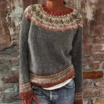 Женский свитер с круглым вырезом и длинным рукавом, лоскутное цветное вязание, свободный крой, эластичный теплый трикотаж, повседневная одежда 3XL верблюд