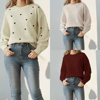 Женский свитер с круглым вырезом и длинным рукавом, эластичный трикотажный топ с узором в виде сердца, свободный крой, H-образный пуловер, топы, трикотаж S синий