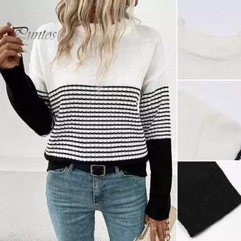 Женский свитер с круглым вырезом и длинным рукавом, контрастный цвет, вязаные топы, свободный крой, эластичный повседневный трикотаж, повседневная одежда S чёрный