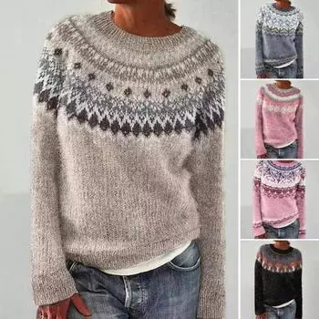 Женский свитер с круглым вырезом и длинным рукавом, геометрический узор, цветной трикотаж, свободный крой XXXL хаки