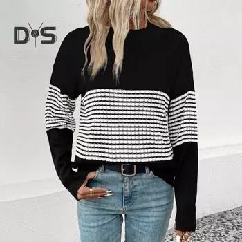 Женский свитер с круглым вырезом и длинным рукавом, контрастный цвет, вязаные топы, свободный крой, эластичный повседневный трикотаж, повседневная одежда S чёрный