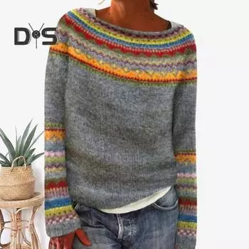 Женский свитер с круглым вырезом и длинным рукавом, лоскутное цветное вязание, свободный крой, эластичный теплый трикотаж, повседневная одежда 3XL белый