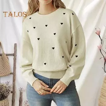 Женский свитер с круглым вырезом и длинным рукавом, эластичный трикотажный топ с узором в виде сердца, свободный крой, H-образный пуловер, топы, трикотаж S абрикосовый