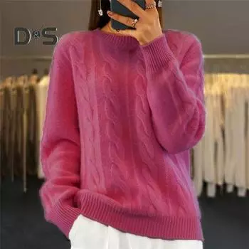 Женский свитер с круглым вырезом и длинным рукавом, с перекрученной текстурой, трикотажные топы, однотонные, свободные, ретро-пуловеры M теплый белый