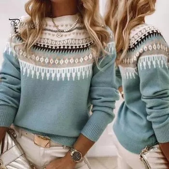 Женский свитер с круглым вырезом и длинным рукавом, вязаный крючком пуловер, свитер с геометрическим узором, цветной трикотажный топ M светло-серый