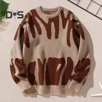 Женский свитер с круглым вырезом и длинным рукавом, контрастный цвет, вязаный топ, свободный крой, напечатанный эластичный трикотаж, повседневная одежда S черный серый