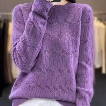 Женский свитер с круглым вырезом и длинным рукавом, эластичный дышащий трикотажный топ с уникальным узором, вязаный свитер стандартной посадки фиолетовый