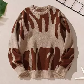 Женский свитер с круглым вырезом и длинным рукавом, контрастный цвет, вязаный топ, свободный крой, напечатанный эластичный трикотаж, повседневная одежда S