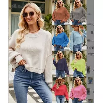 Женский свитер с круглым вырезом и длинным рукавом, однотонный, свободный, трикотажный, на осень и зиму XS чёрный