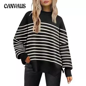 Женский свитер с круглым вырезом и длинными рукавами, с разрезами по бокам, осенне-зимний трикотажный свитер-пуловер S чёрный