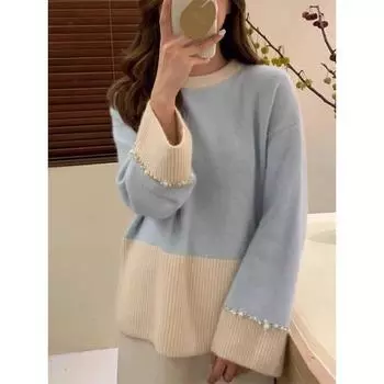 Женский свитер с круглым вырезом и длинными рукавами, украшенный бусинами в тон, новый дизайн, свободный вязаный свитер для осени и зимы one size fits all синий