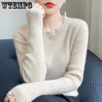 Женский свитер с круглым вырезом и кружевом, однотонная основа, повседневный внутренний слой, длинный рукав, вязаный свитер, теплый пуловер S бежевый