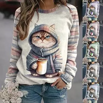 Женский свитер с круглым вырезом и полосатым рисунком «кошачий реглан» с длинным рукавом и графическим принтом, повседневный женский свитер с V-образным вырезом, комплект женских футболок, женская рубашка на пуговицах S