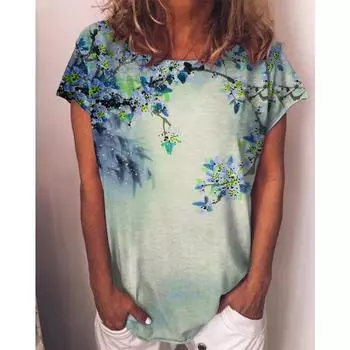 Женский свитер с круглым вырезом и принтом акварелью и 3D-цветами, футболка с короткими рукавами и подвернутыми краями S