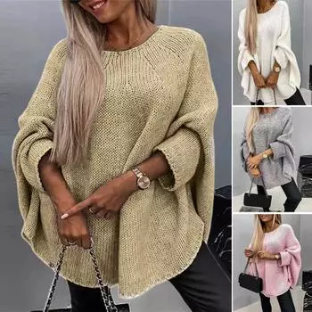 Женский свитер с круглым вырезом и рукавом 3/4, в стиле плаща, однотонный свободный крой, эластичный дышащий трикотажный топ M розовый