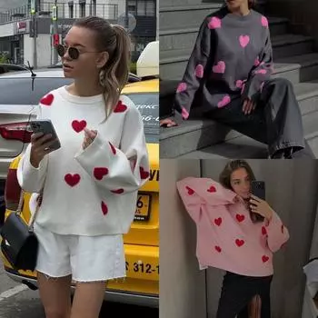 Женский свитер с круглым вырезом и вышивкой Love, осень и зима 2024 года, свободный повседневный вязаный свитер с утолщенным верхом S розы красного