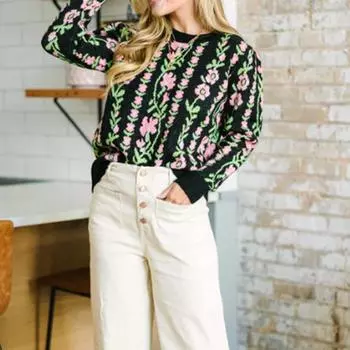 Женский свитер с круглым вырезом из жаккардовой трикотажной пряжи осень/зима S чёрный