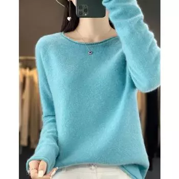 Женский свитер с круглым вырезом, кашемир Цинхэ, 30% кашемир, 70% шерсть, зимний вязаный пуловер, осенний свитер, кашемировый свитер, вязаный топ с длинным рукавом