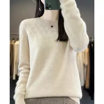 Женский свитер с круглым вырезом, кашемир Qinghe, 30% кашемира 70% шерсти, алый зимний вязаный свитер осенний свитер кашемировый свитер L бежевый