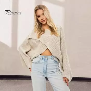 Женский свитер с круглым вырезом, летучая мышь, длинный рукав, однотонный, свободный крой, трикотажные топы, открытый пупок, нерегулярный перекрестный свитер хаки