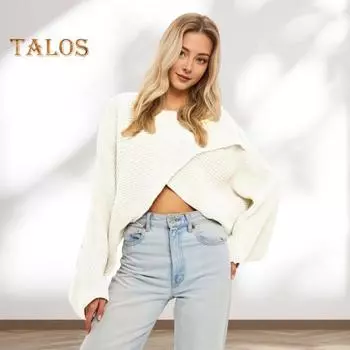 Женский свитер с круглым вырезом, летучая мышь, длинный рукав, однотонный, свободный крой, трикотажные топы, открытый пупок, нерегулярный перекрестный свитер белый