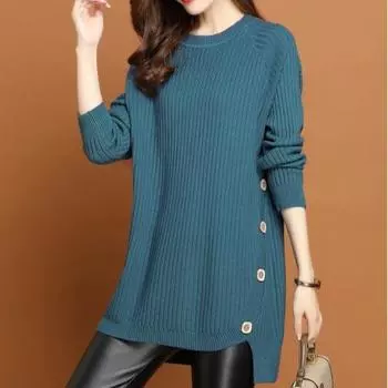 Женский свитер с круглым вырезом, осенне-зимний свободный миди-пуловер, трикотажная одежда, простой неровный подол, плотный трикотажный топ, однотонный эластичный джемпер M озеро синий