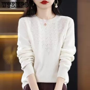 Женский свитер с круглым вырезом, полый пуловер, женский свитер с длинными рукавами, свободный трикотаж, тонкий стиль на весну и осень S белый