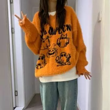 Женский свитер с круглым вырезом тыквенно-оранжевого цвета, свободный повседневный вязаный свитер с длинными рукавами, осенний женский пуловер, верхняя одежда One Size чёрный