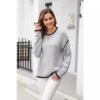 Женский свитер с круглым вырезом в полоску в стиле пэчворк на осень и зиму S белый