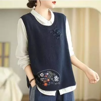 Женский свитер с круглым вырезом весна-осень без рукавов с вышивкой на пуговицах свободный универсальный трикотажный топ XXXL чёрный