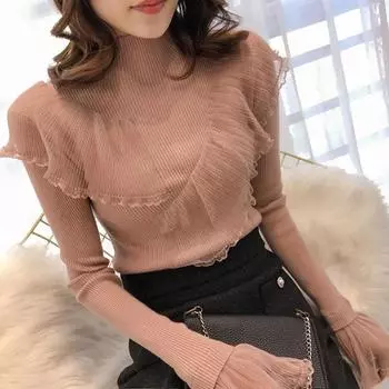 Женский свитер с кружевной отделкой в стиле пэчворк и оборками на осень и зиму, облегающий трикотажный топ с высоким воротом для женщин S чёрный