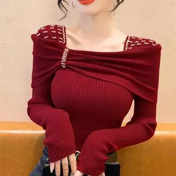 Женский свитер с квадратным вырезом и бантом Rheinstone, трикотажная одежда на осень-зиму с длинным рукавом, эластичный трикотажный пуловер, свитер-топ S чёрный