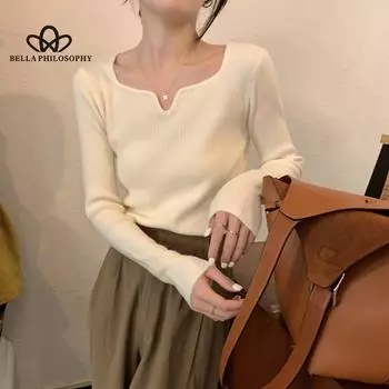 Женский свитер с квадратным вырезом и длинными рукавами, весна и осень, новый тонкий повседневный свитер с нерегулярным подолом для девочек one size чёрный