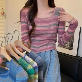 Женский свитер с квадратным вырезом, весна-осень, трикотаж, радужные полосы, длинный рукав, тонкий свитер, пуловер, женские базовые джемперы, трикотажная рубашка, укороченный топ one size