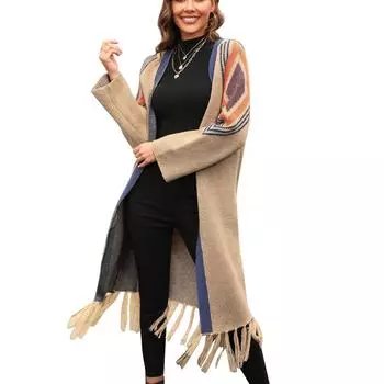 Женский свитер с открытым передом, длинный рукав, контрастный цвет, декор в виде кисточек, трикотажная верхняя одежда, стильный женский свитер XL хаки