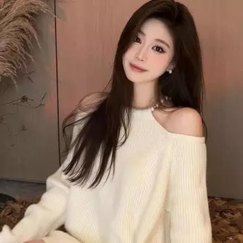 Женский свитер с открытыми плечами и длинными рукавами, осень-зима 2023, мягкий клейкий универсальный вязаный свитер средней длины, женский пуловер