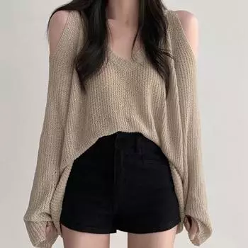 Женский свитер с открытыми плечами и v-образным вырезом, свободные вязаные тонкие джемперы с длинными рукавами, уличная одежда, топы для женщин, осень-зима 2023 г. S чёрный