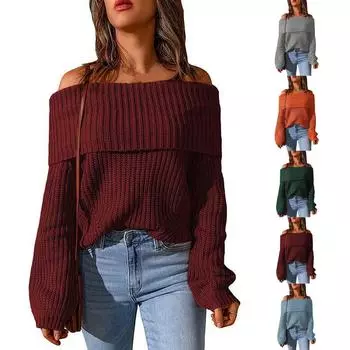 Женский свитер с открытыми плечами, однотонный свободный топ XXXL винный
