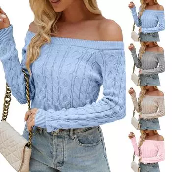 Женский свитер с открытыми плечами, однотонный, свободный, утягивающий, вязаный сверху иглой L бежевый