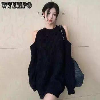 Женский свитер с открытыми плечами, свободные повседневные трикотажные платья в стиле панк, пуловеры с круглым вырезом, топы с длинными рукавами
